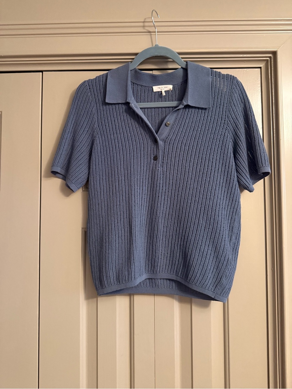 rag & bone Open-Knit Short Sleeve Polo in Dusty Blue
